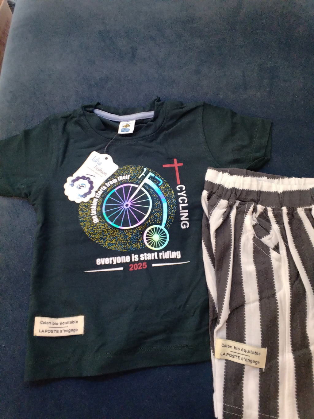 Boys Cycling Print T-Shirt & Striped Shorts Set (2-Piece Casual Wear)329