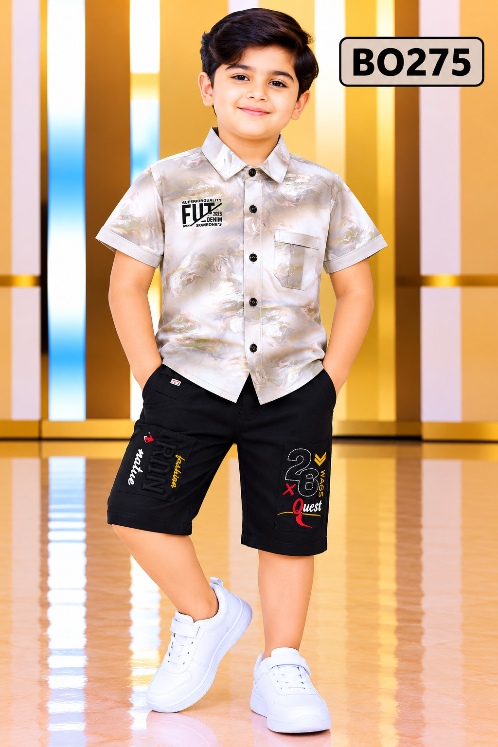 Boys Marble Print Shirt & Graphic Shorts Premium Set – BO275