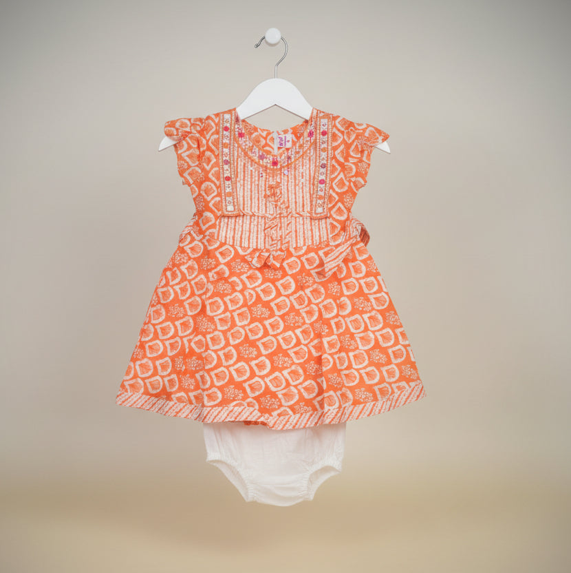 Baby Girls Printed Cotton Dress with Matching Bloomers – Embellished Casual & Party Wear Outfit.193.