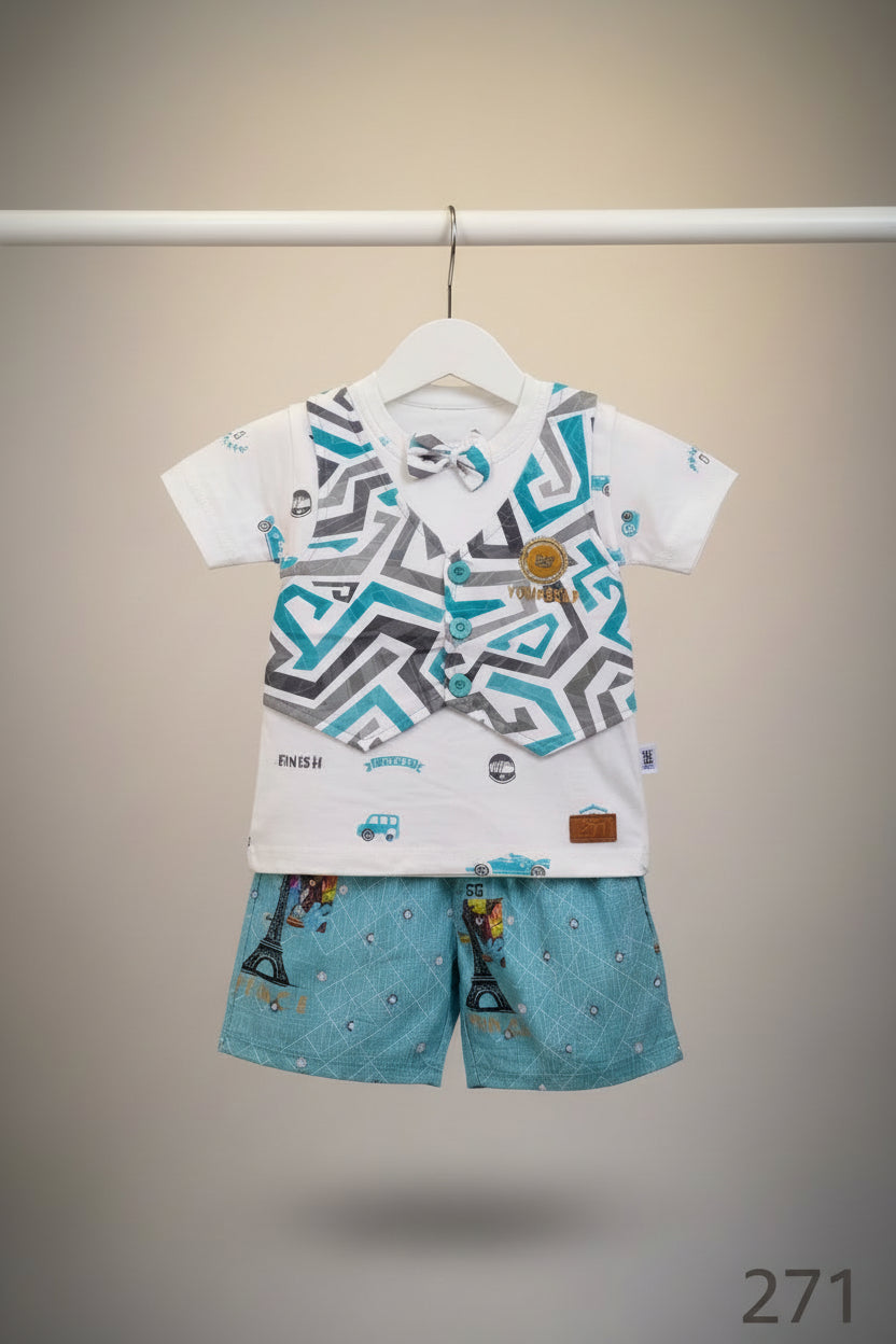 Kids Premium Printed T-Shirt & Shorts Set with Waistcoat Design-271