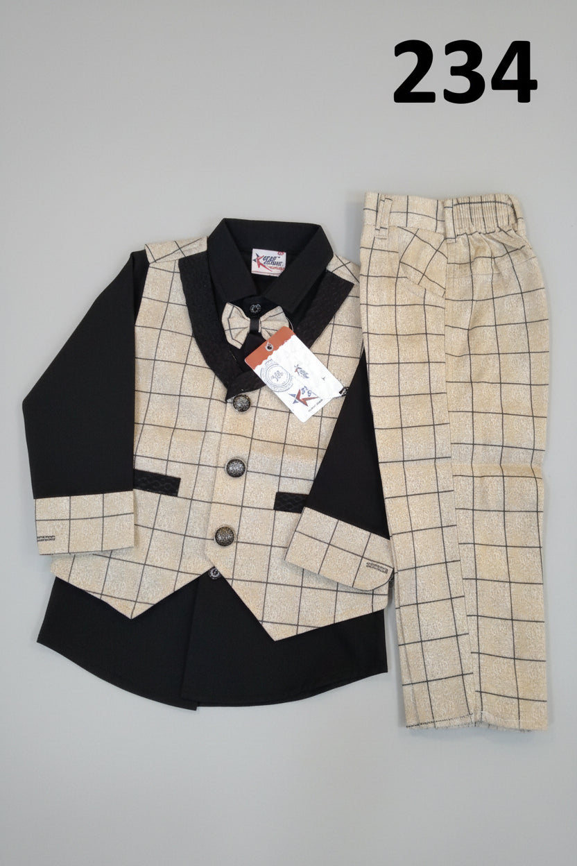 Boys Premium Checkered Party Suit Set with Waistcoat & Bow Tie 234