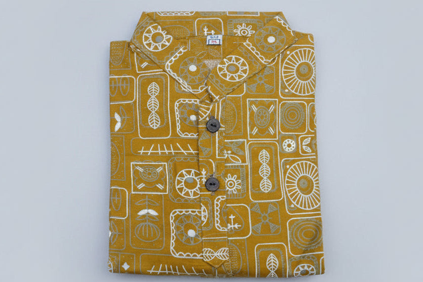 Boys Yellow Printed Short Sleeve Mandarin Collar Shirt 2705