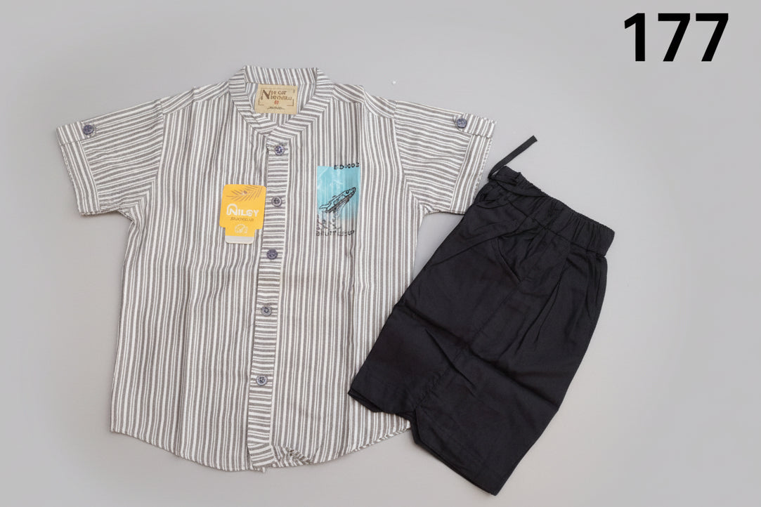 Boys Stripe Mandarin Collar Shirt & Pant Set 177