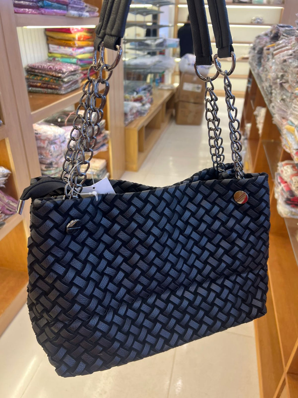 Women’s Woven Chain Shoulder Bag with Long Strap & Mini Pouch