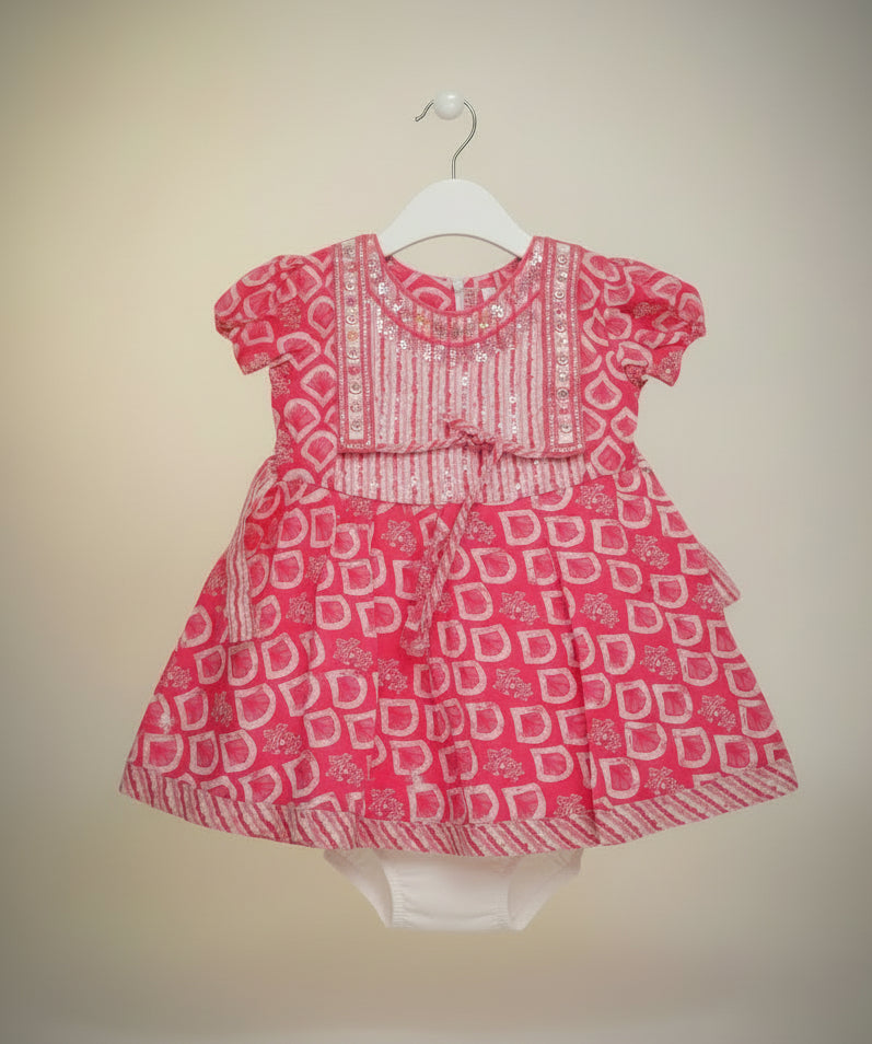 Baby Girls Printed Cotton Dress with Matching Bloomers – Embellished Casual & Party Wear Outfit.193.