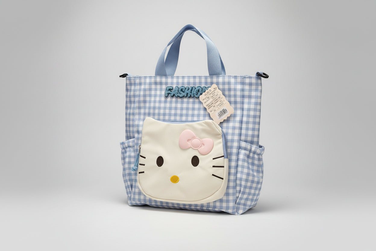 Cute Kitty Print Gingham Shoulder Bag for Girls