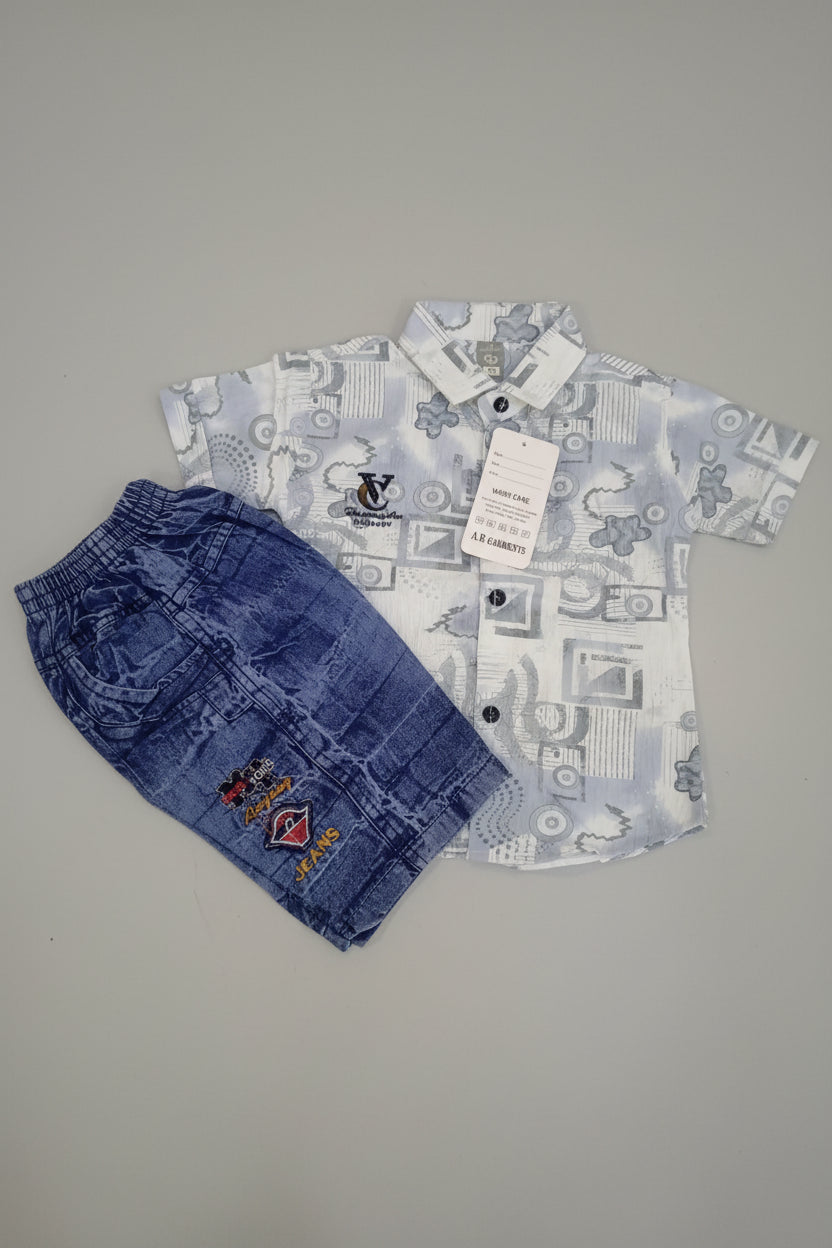 Boys Printed Shirt & Denim Shorts Set – Casual Summer Outfit 408