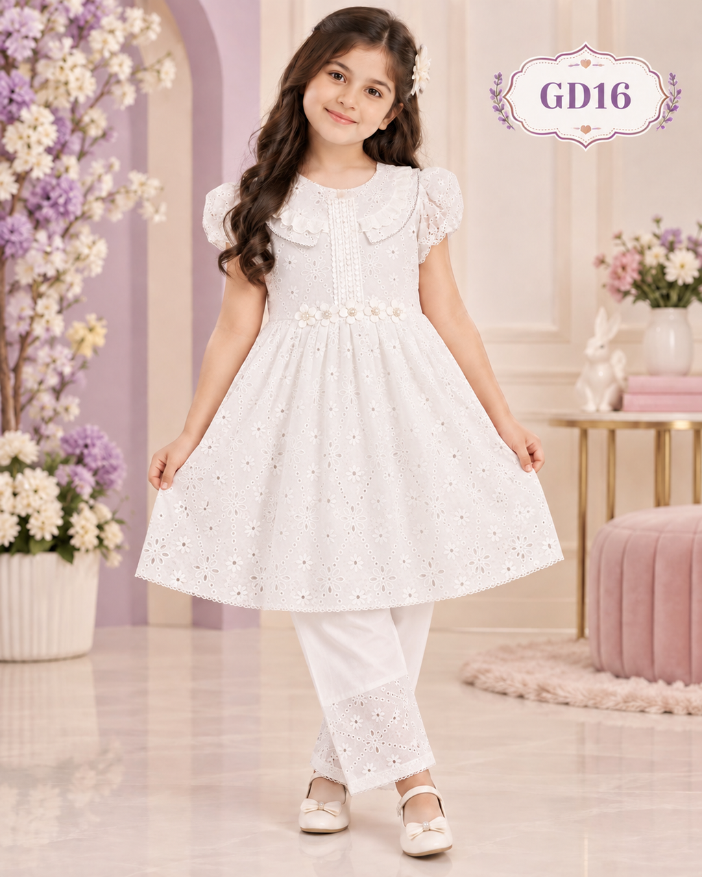 Girls’ Premium Floral Embroidered Tunic & Pant Set – GD16