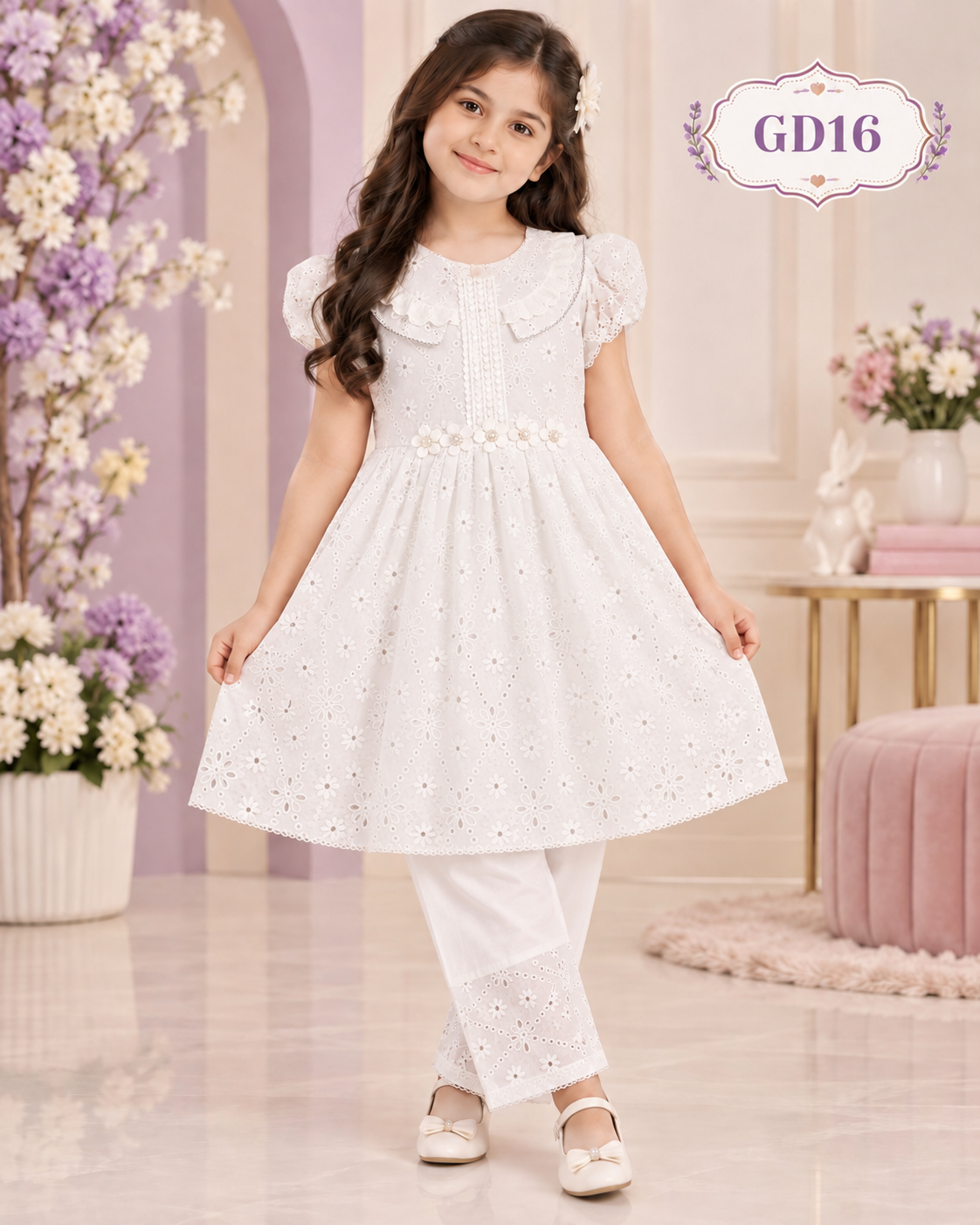 Girls’ Premium Floral Embroidered Tunic & Pant Set – GD16