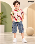 Boys Premium Abstract Print Shirt & Denim Cargo Shorts Set - BO351