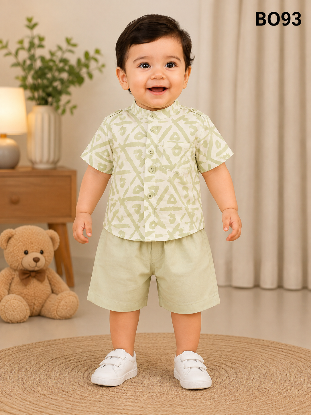 Boys Geometric Print Mandarin Shirt & Shorts Set-BO93