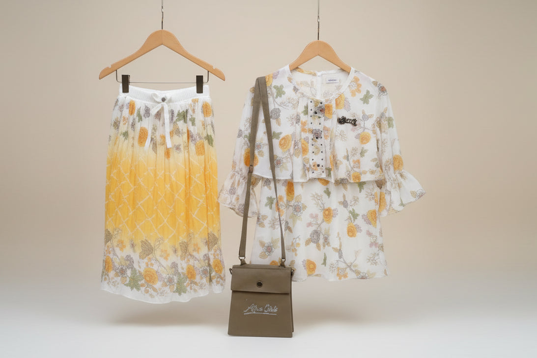 Baby Girls Floral Top & Pleated Skirt Set with Sling Bag 152