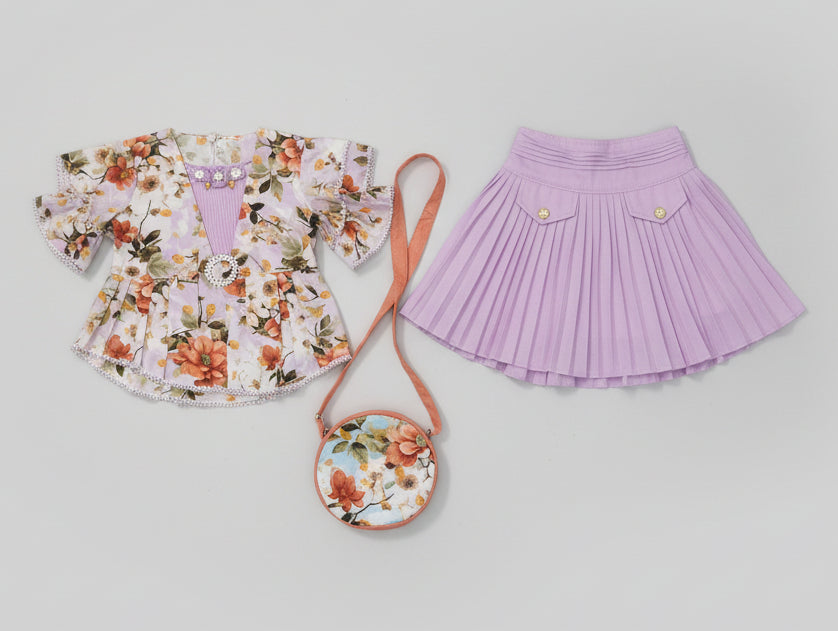 Baby Girls Floral Top & Pleated Skirt Set with Mini Bag (3-Piece Set) 150