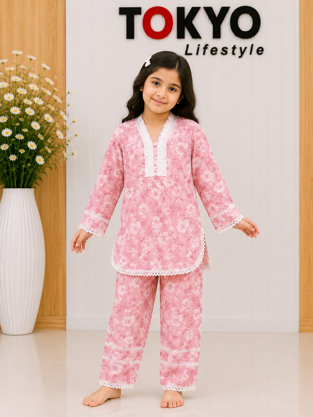 Girls' Floral Print Cotton Kurti & Pant Set 12