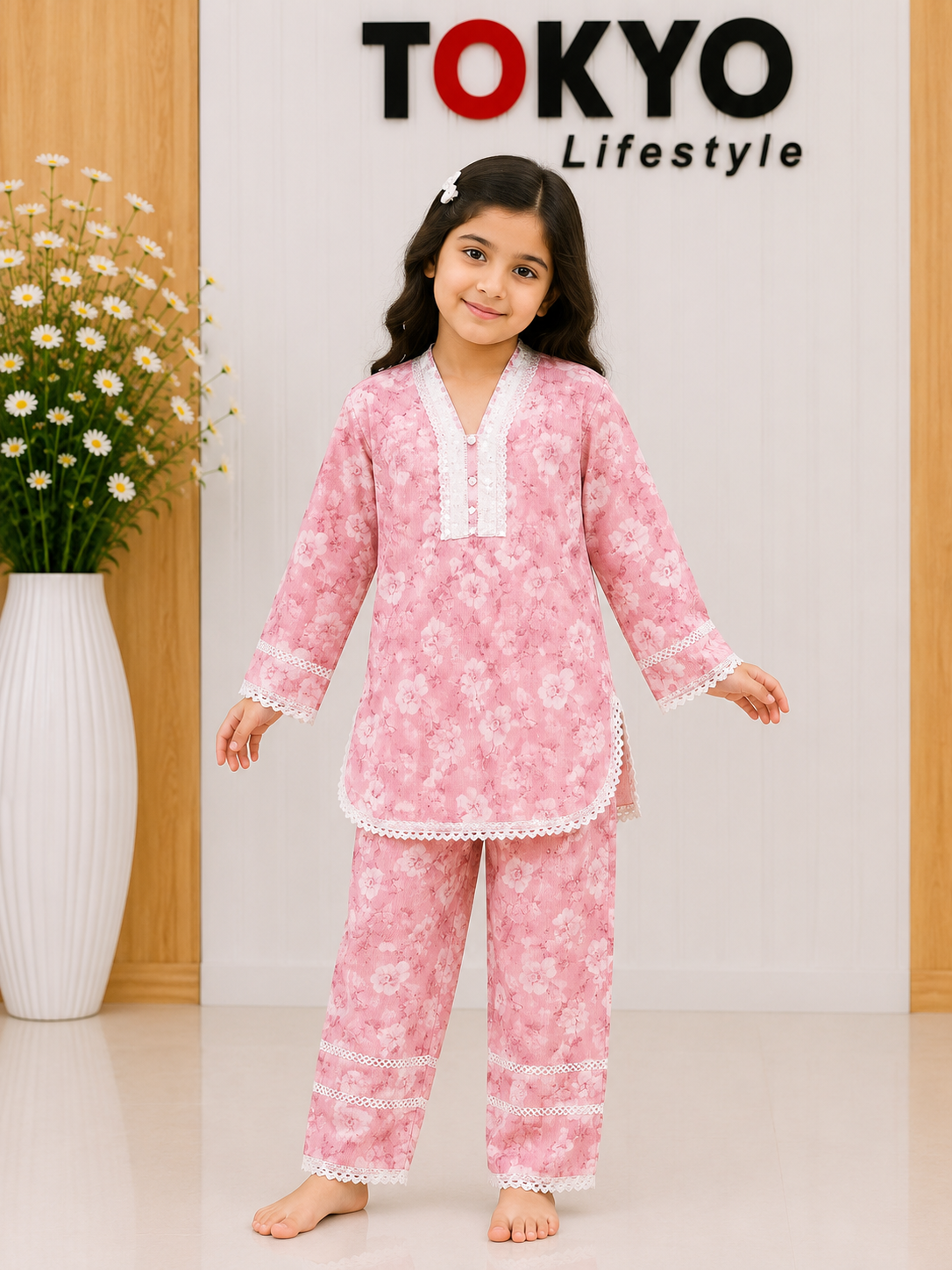 Girls' Floral Print Cotton Kurti & Pant Set 12