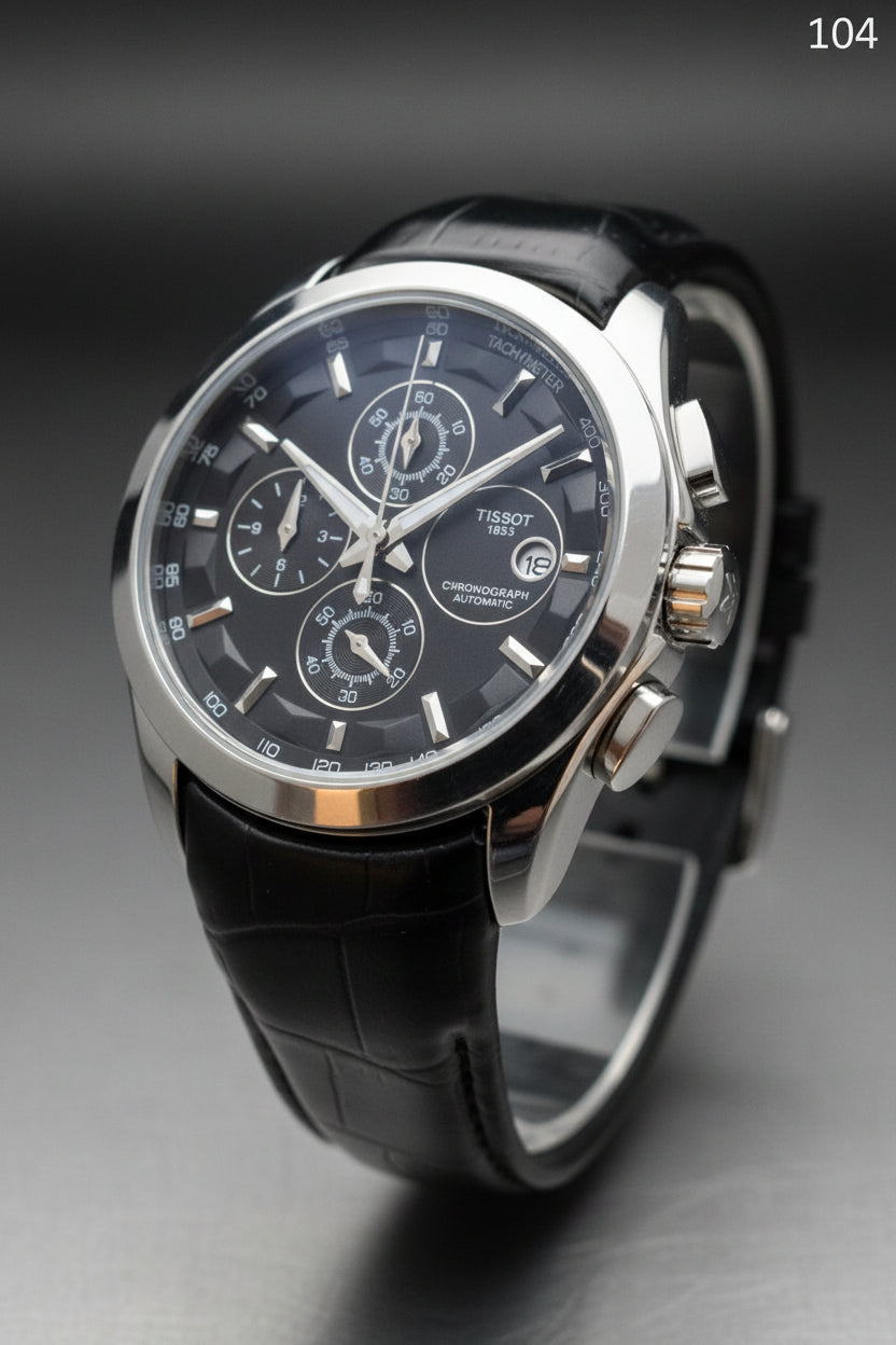 TW 104 Luxury Chronograph Black Dial Leather Strap Watch