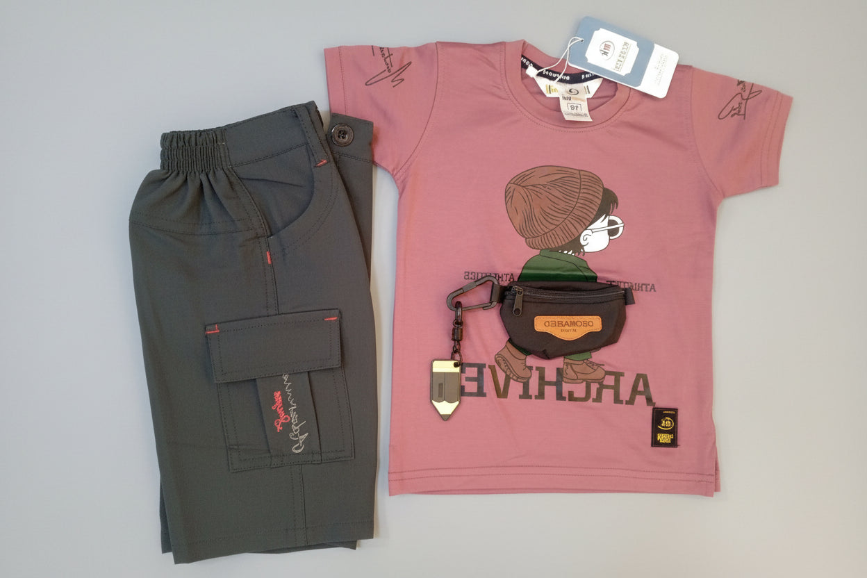 Boys “ARCHIVE Athletics” Graphic T-Shirt & Cargo Jogger Set (With Mini Crossbody Pouch) 336