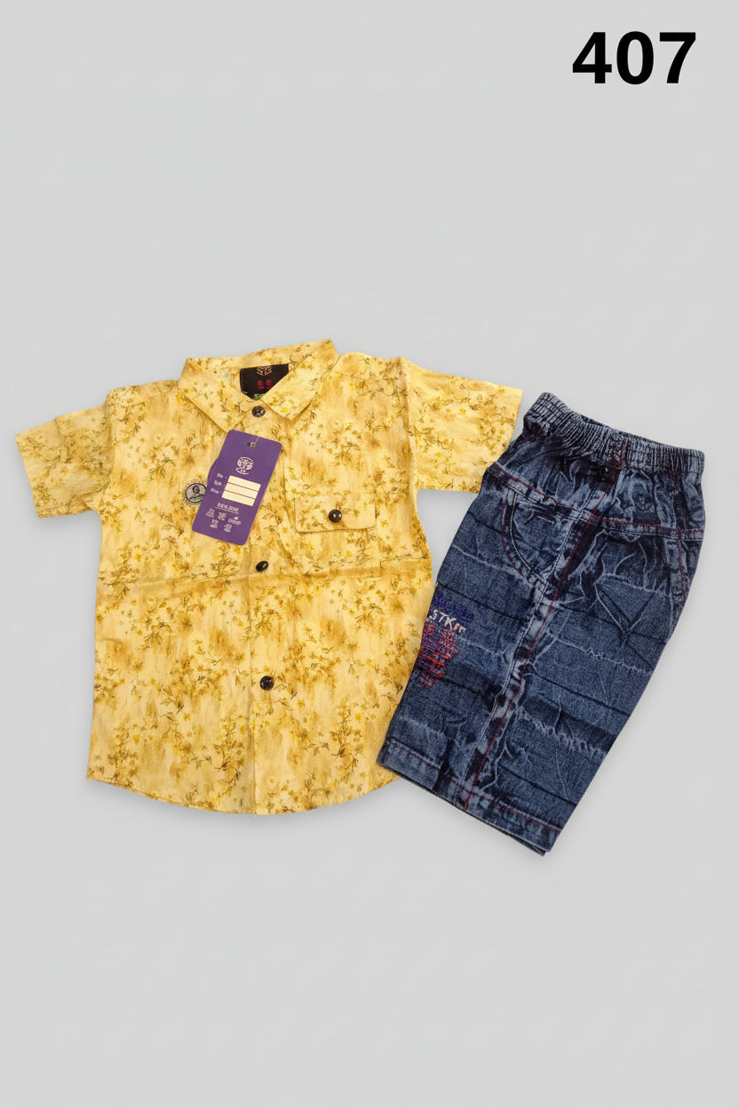 Boys Floral Printed Shirt & Denim Shorts Set 407