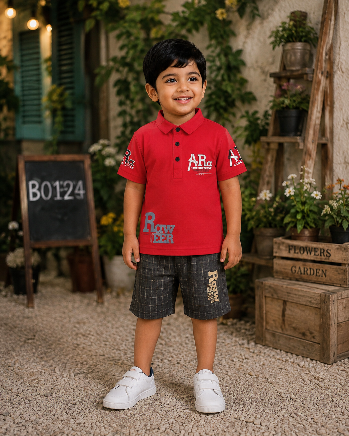 Premium Boys Graphic Polo T-Shirt & Check Shorts–BO124