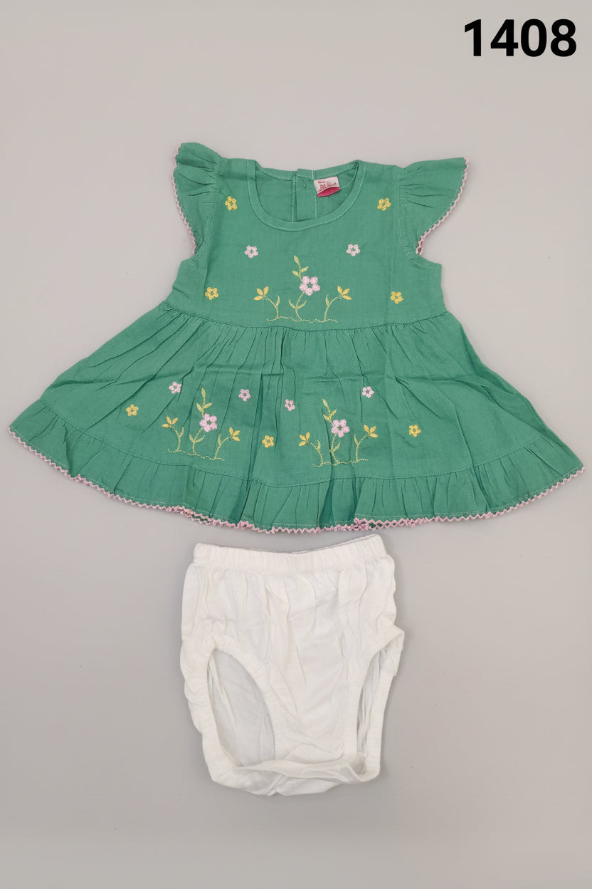 Baby Girl Floral Embroidered Cotton Frock and Diaper Cover Set 1408