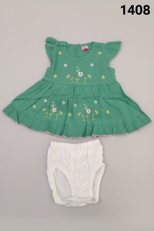 Baby Girl Floral Embroidered Cotton Frock and Diaper Cover Set 1408