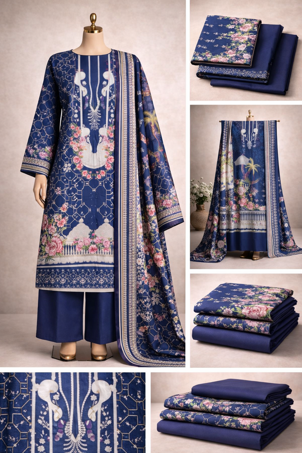 Premium Floral Printed Lawn Three Piece Suit Set 1142