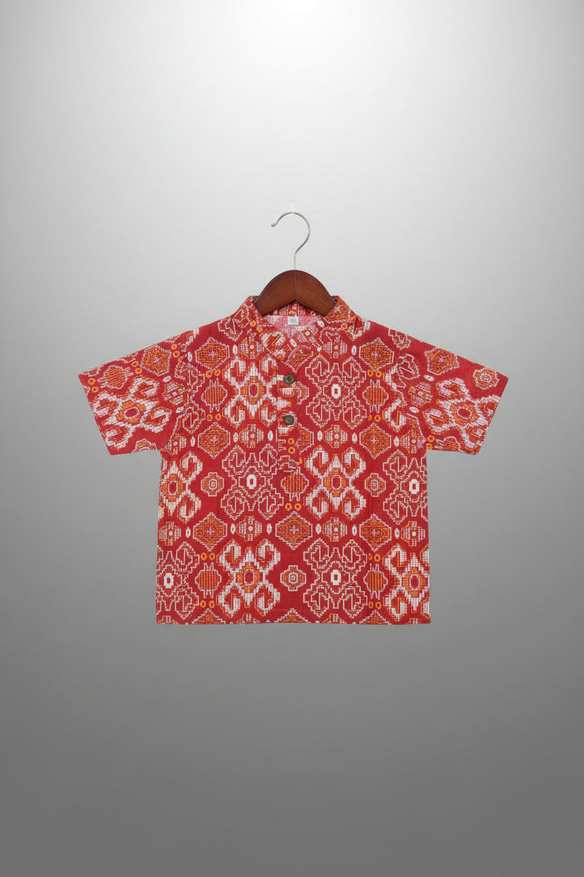 Boys Red Printed Short Sleeve Mandarin Collar Shirt 2701