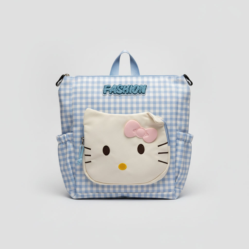 Cute Kitty Print Gingham Shoulder Bag for Girls