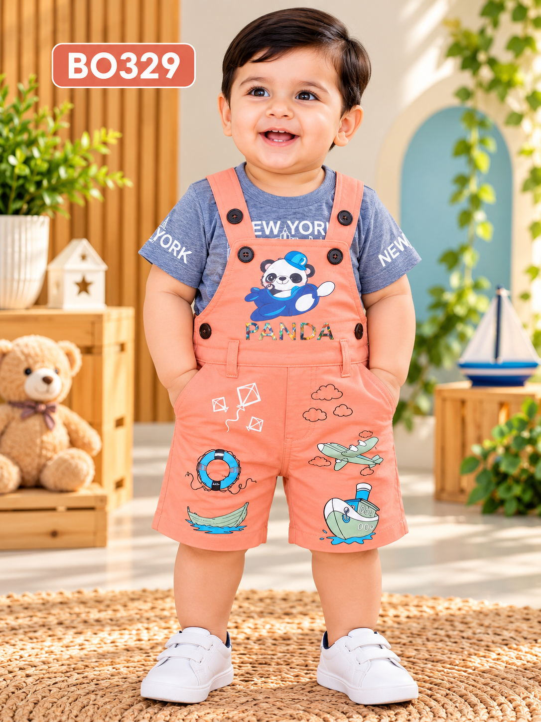 Baby Boys Panda Adventure Dungaree Shorts & T-Shirt Set – BO329