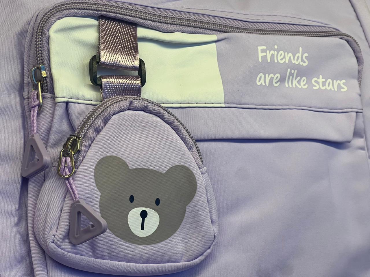 Cute Purple Tote Bag with Mini Bear Pouch – “Friends Are Like Stars” Design