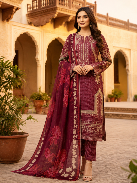 Luxury Digital Printed Lawn Three Piece Set -C523