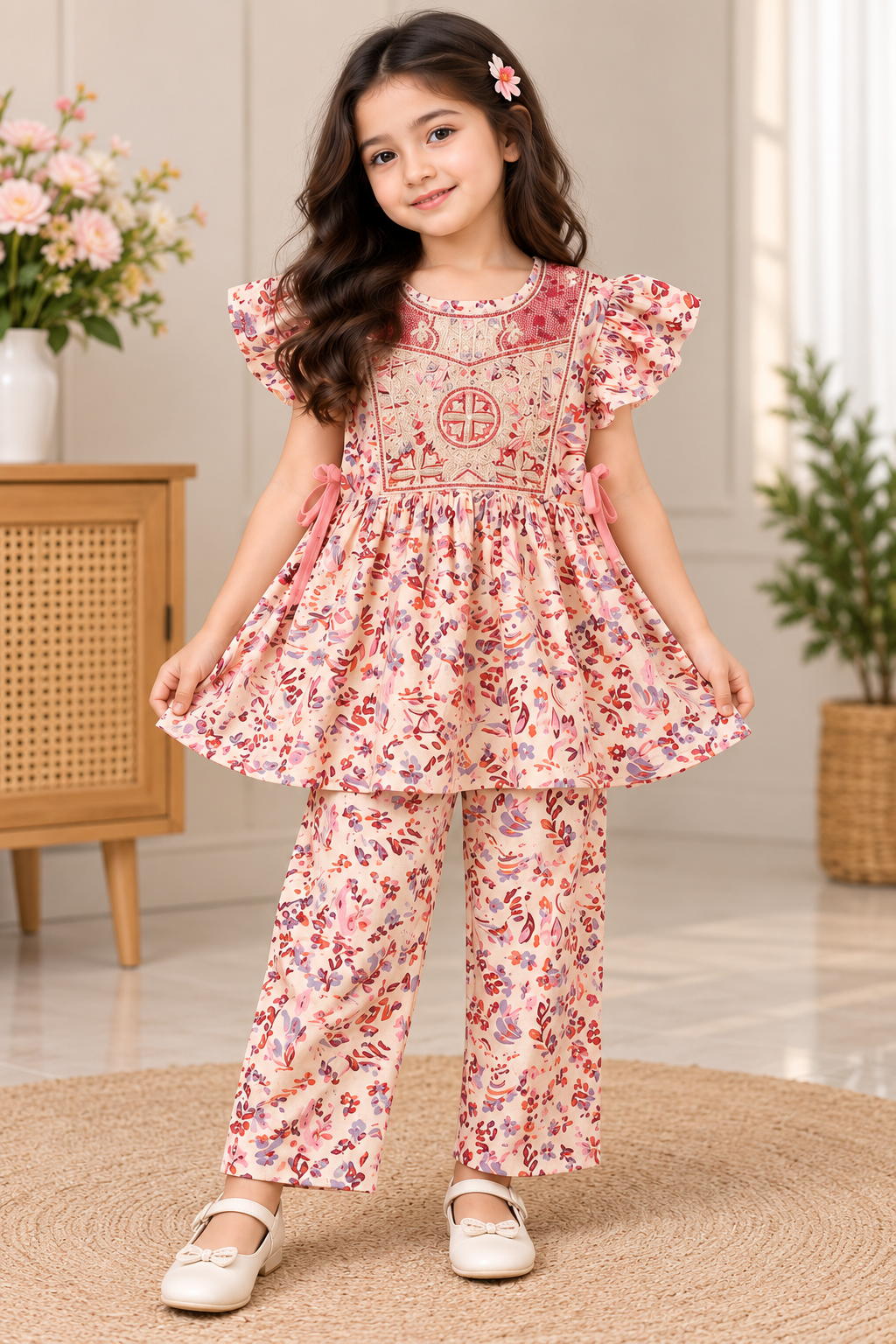 Premium Girls Floral Print Peplum Top & Palazzo Co-Ord Set GD68