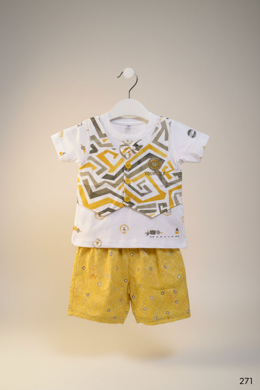Kids Premium Printed T-Shirt & Shorts Set with Waistcoat Design-271