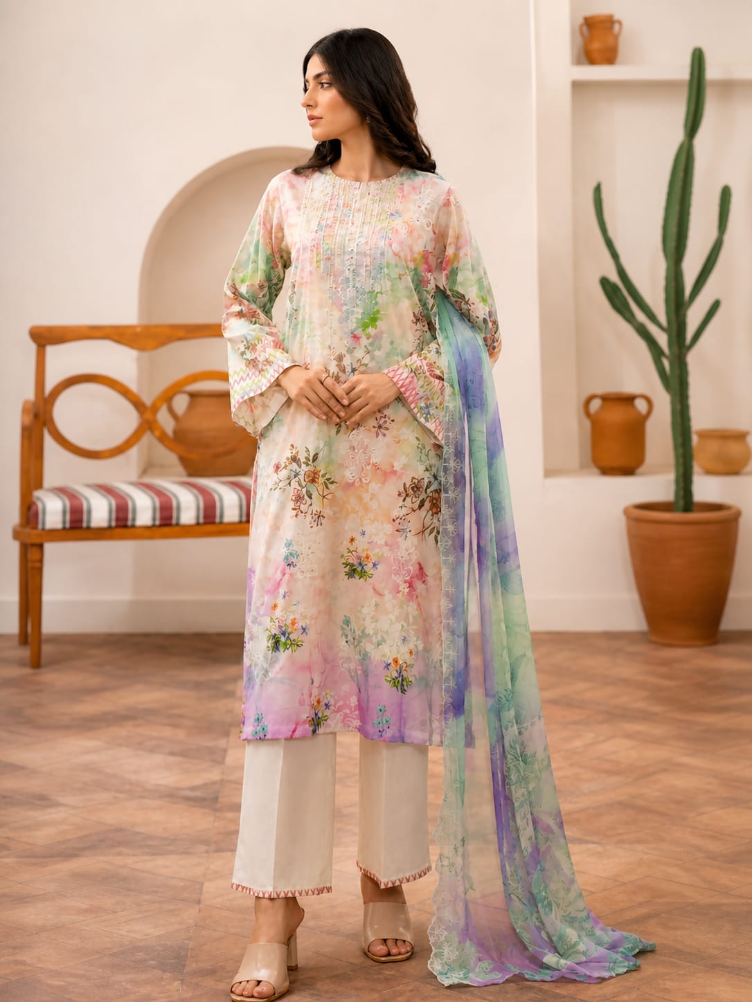 Luxury Digital Printed Lawn Three Piece Set-C255