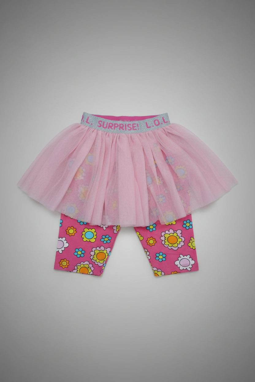 Girls Pink Tulle Layered Skirt Shorts with Floral Print 901