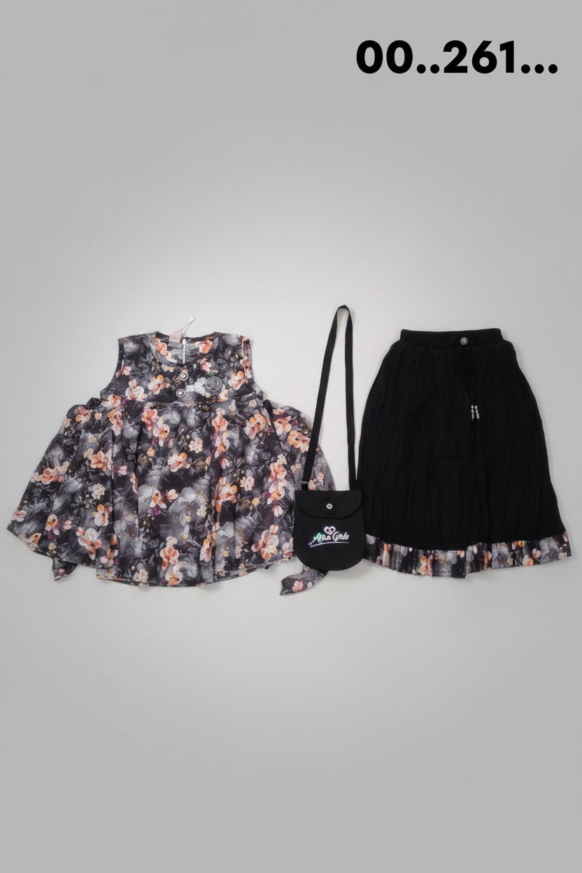 Girls Floral Cold-Shoulder Top & Black Pants Set 261