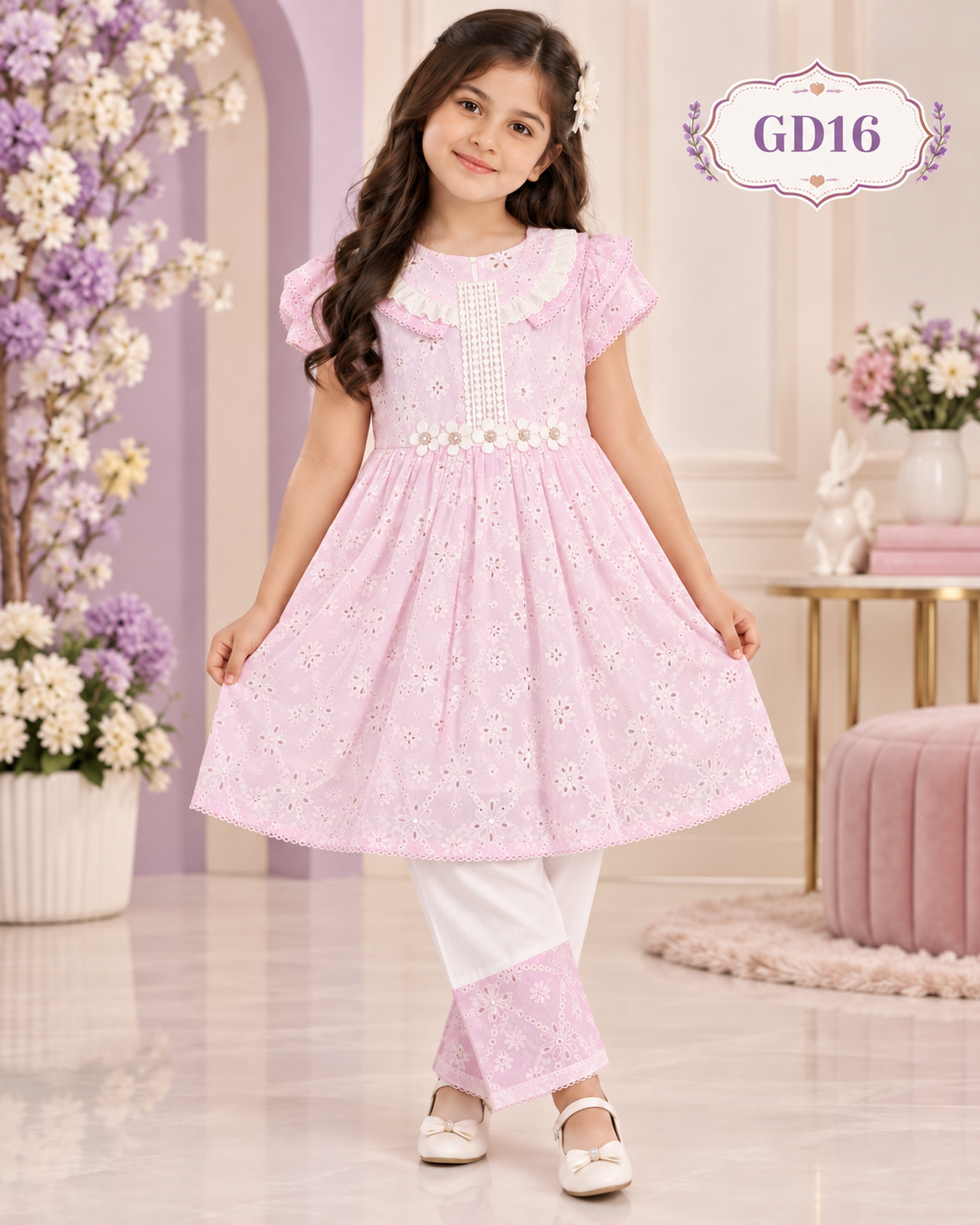 Girls’ Premium Floral Embroidered Tunic & Pant Set – GD16