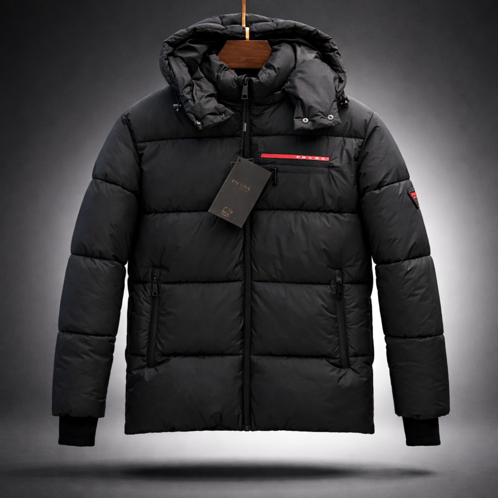 Mens Hooded Puffer Jacket with Zip Pockets Black A102