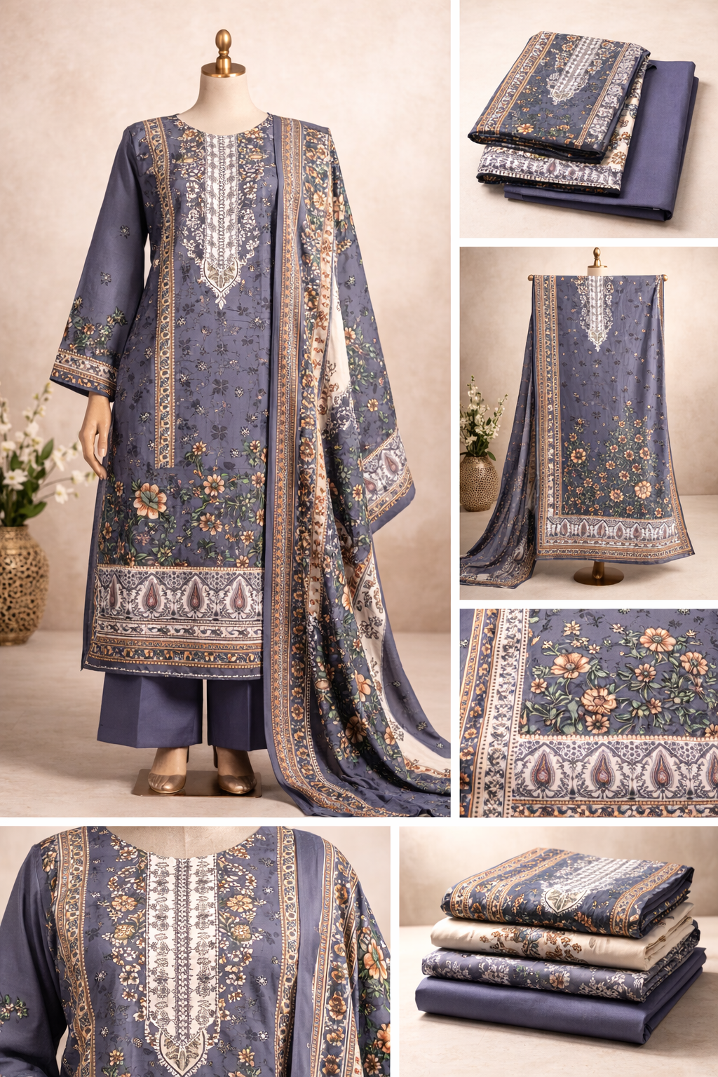 Premium Floral Printed Lawn Three Piece Suit Set 1128