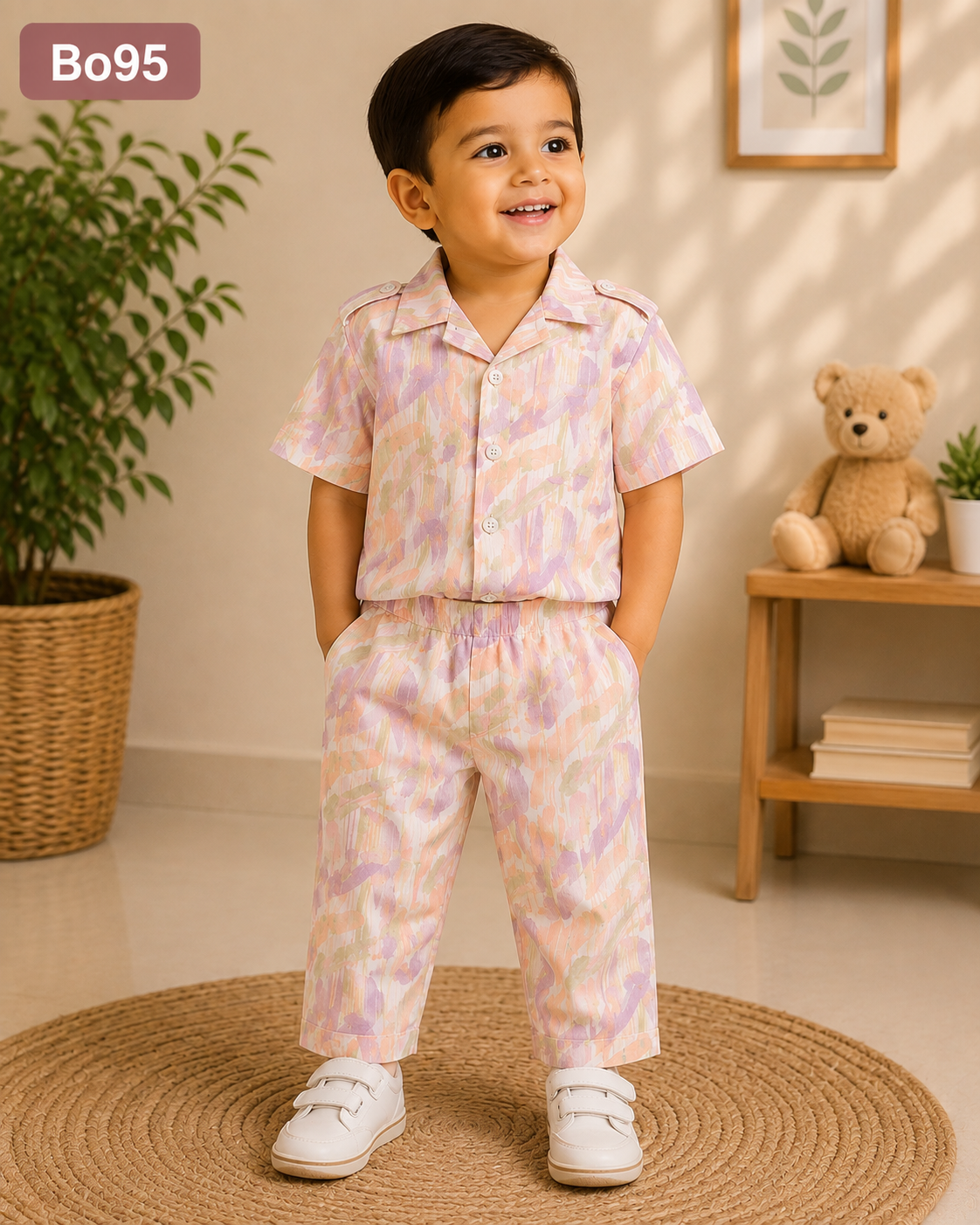 Title: Pastel Brushstroke Boys’ Shirt & Shorts Set – BO95