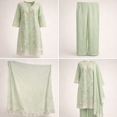 Moslin Soft Cotton Fabric Embroidered Three piece set 1273