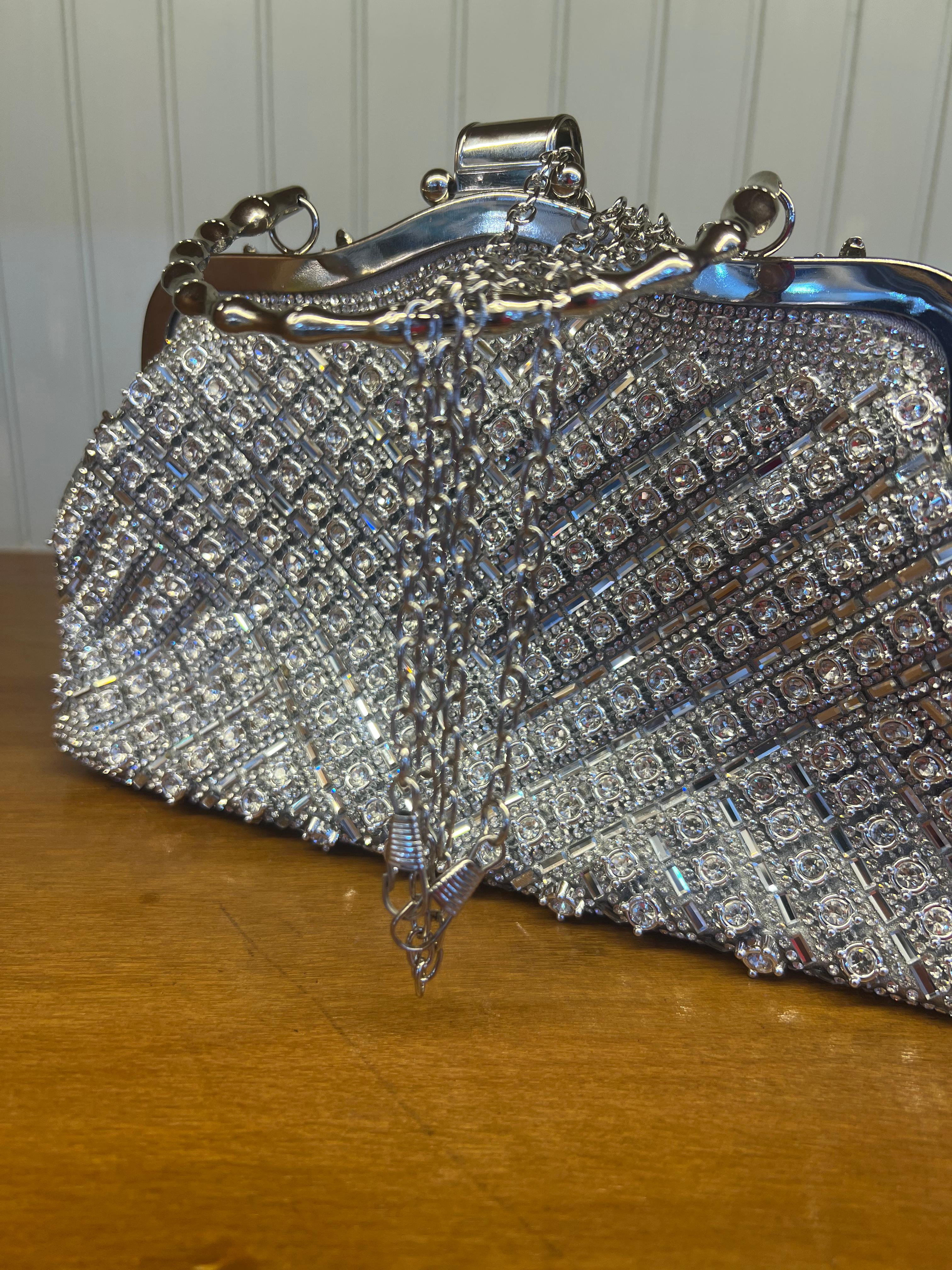 Silver Crystal Embellished Evening Clutch Bag