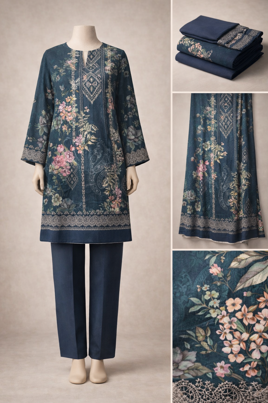 Premium Floral Printed Lawn Three Piece Suit Set 1119