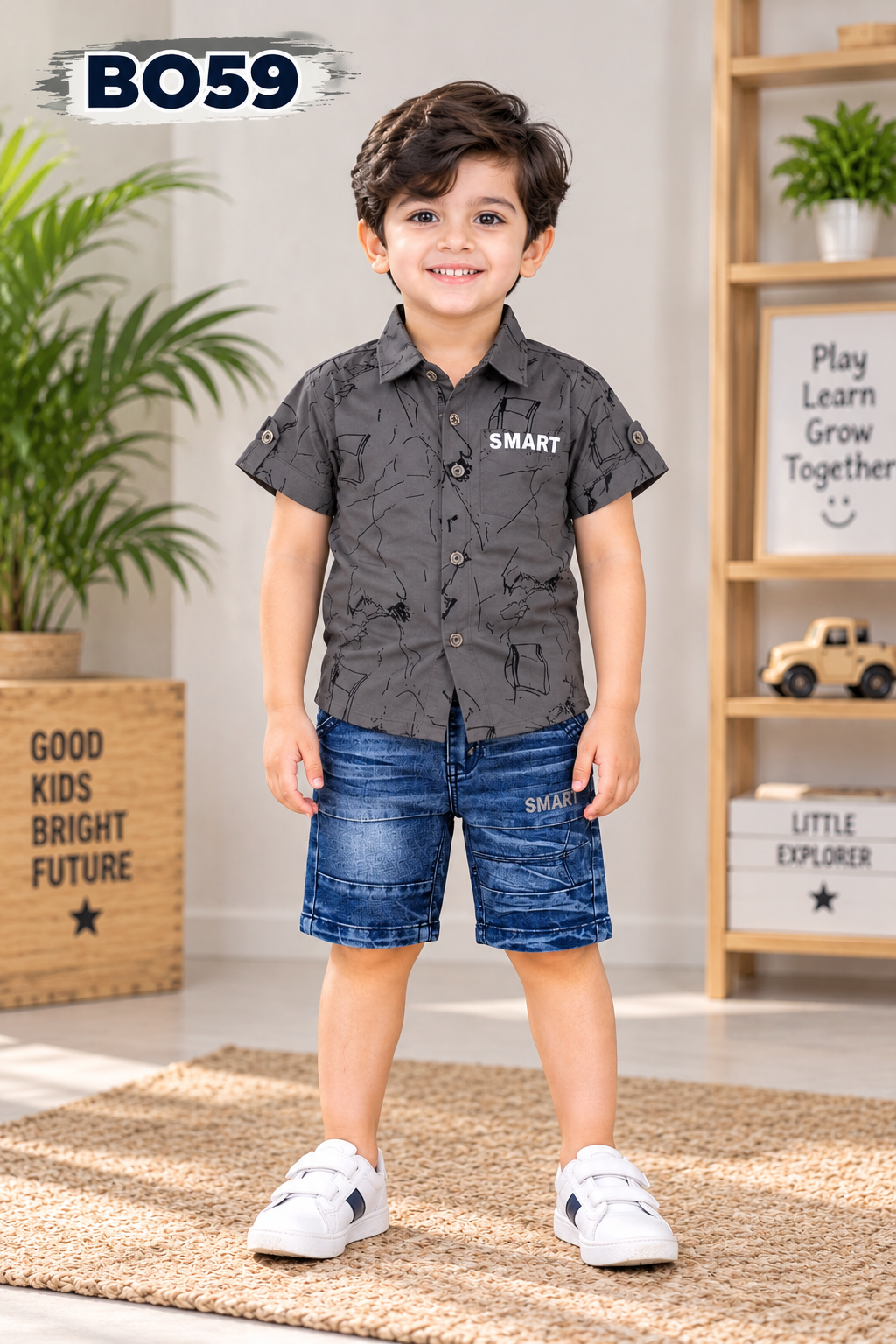 Smart Explorer Printed Shirt & Denim Shorts Set BO159