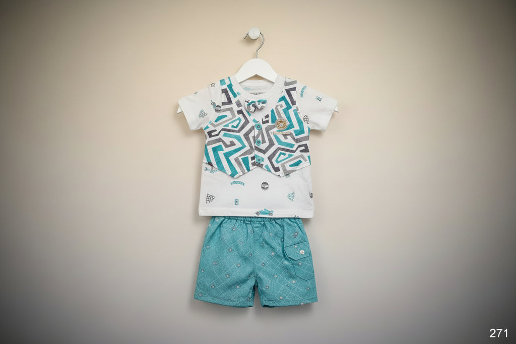 Baby Boys Printed Waistcoat Style T-Shirt & Shorts Set with Bow Tie 271
