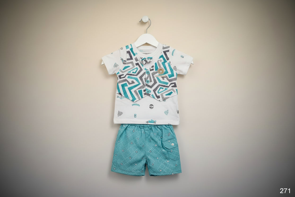 Baby Boys Printed Waistcoat Style T-Shirt & Shorts Set with Bow Tie 271