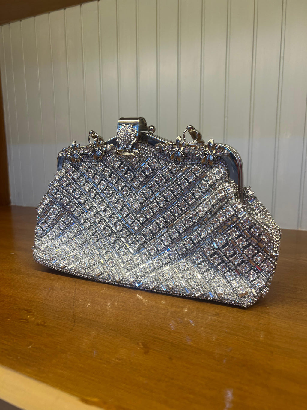 Silver Crystal Embellished Evening Clutch Bag