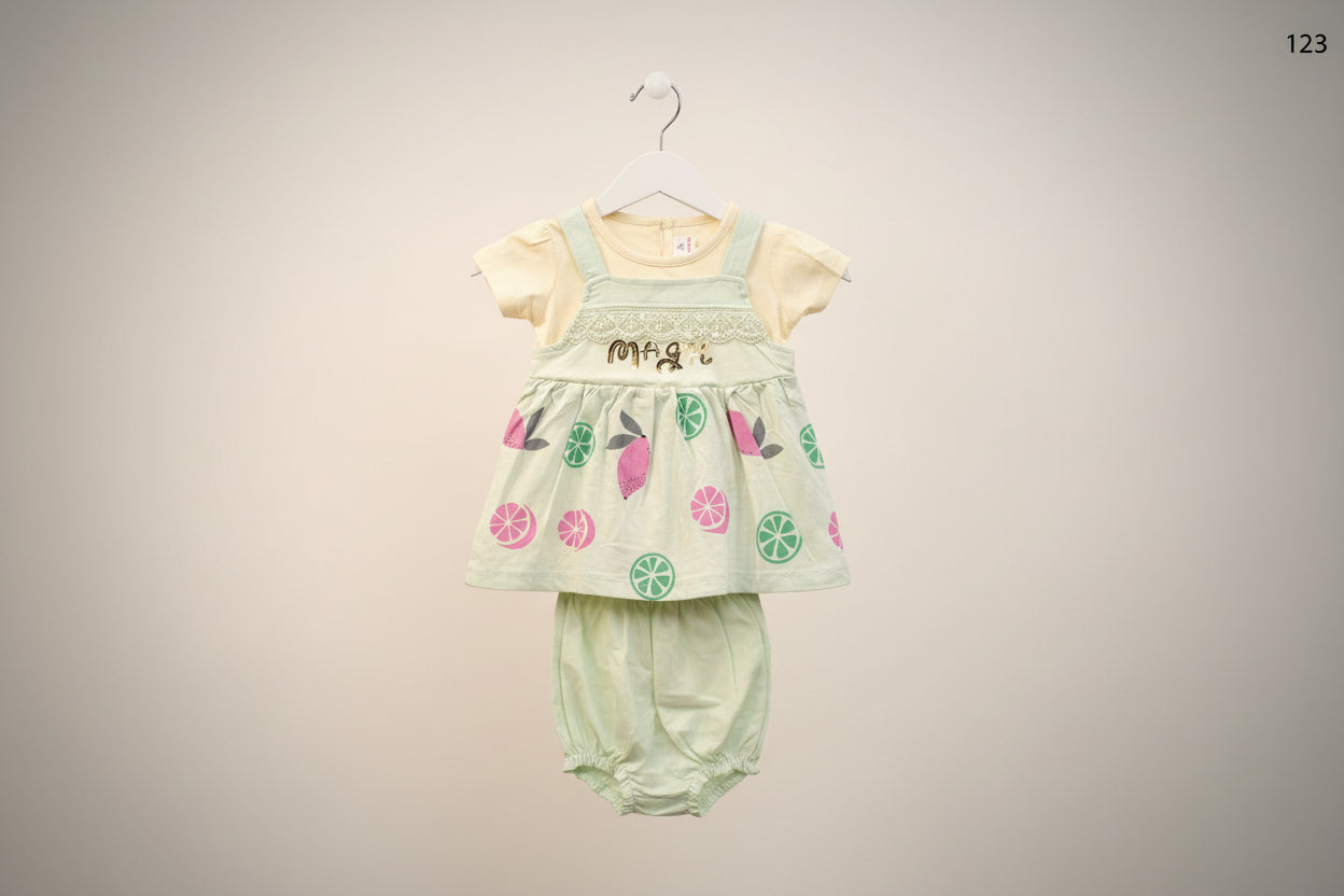 Baby Girls Magic Fruit Print Dress Set with Inner Tee & Bloomer 123