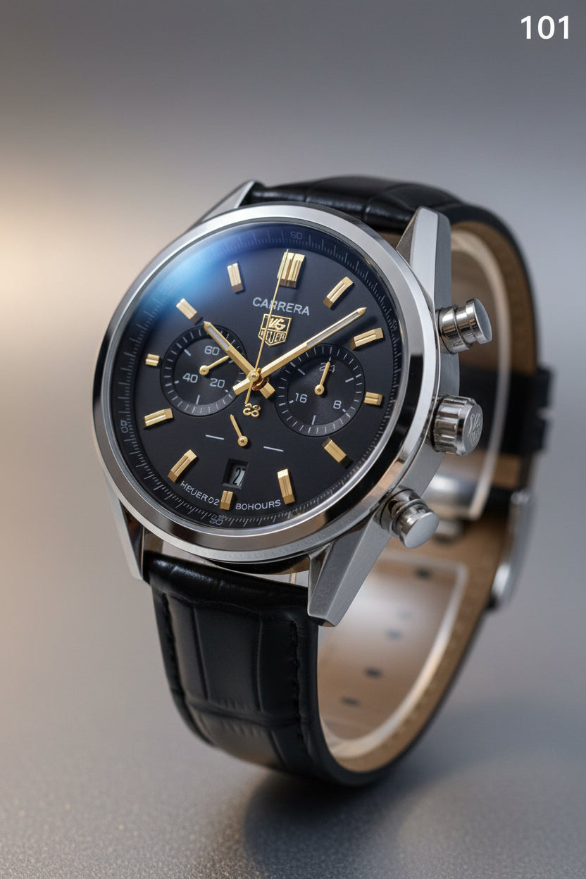 CS 101 Luxury Chronograph Black Dial Leather Strap Watch