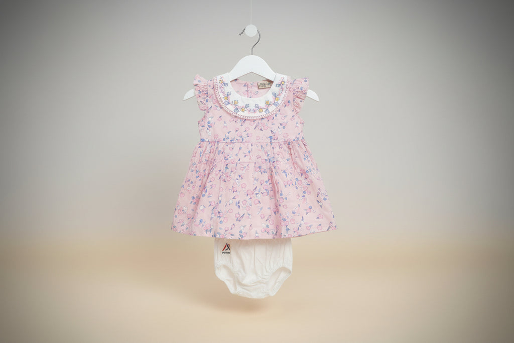 Baby Girls Floral Cotton Dress with Bloomers – Yellow